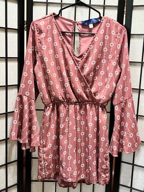BLUE RAIN Women's Rose Pink SURPLICE LONG FLARED BELL SLEEVE ROMPER SIZE M